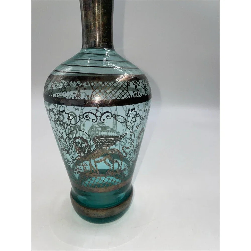 VINTAGE Art Deco Venetian Hand Blown Silver Overlay Glass Decanter 3 Cordials